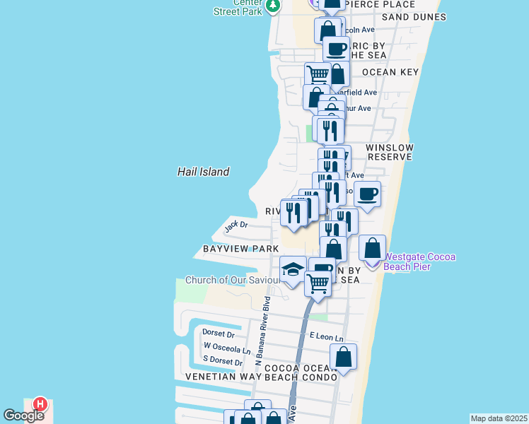 map of restaurants, bars, coffee shops, grocery stores, and more near 5801 North Banana River Boulevard in Cape Canaveral