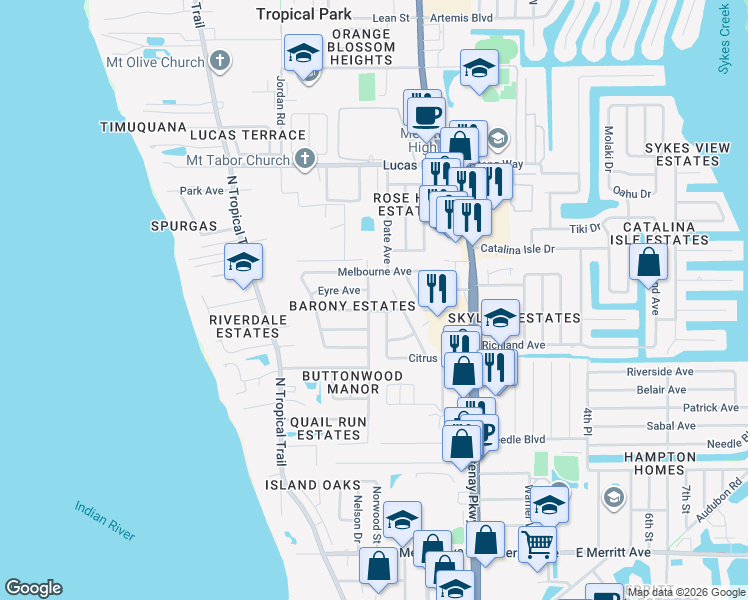 map of restaurants, bars, coffee shops, grocery stores, and more near 820 Buttonwood Dr in Merritt Island