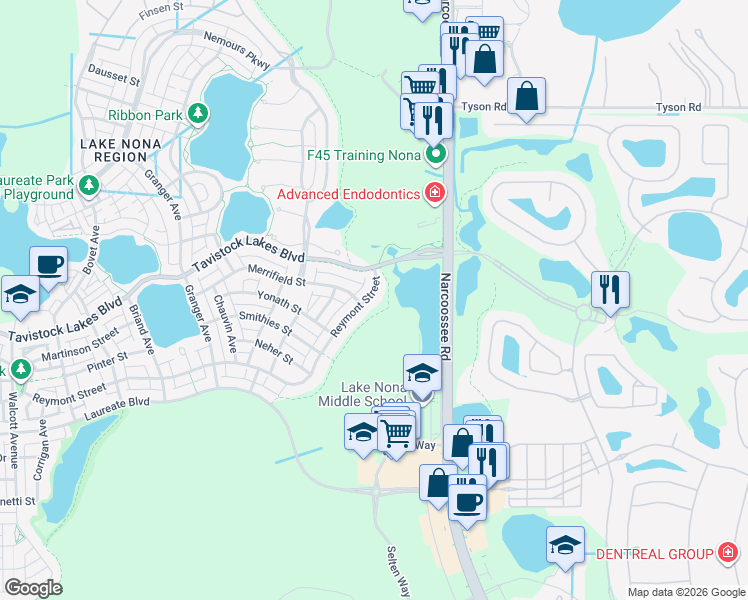 map of restaurants, bars, coffee shops, grocery stores, and more near 9646 Reymont Street in Orlando