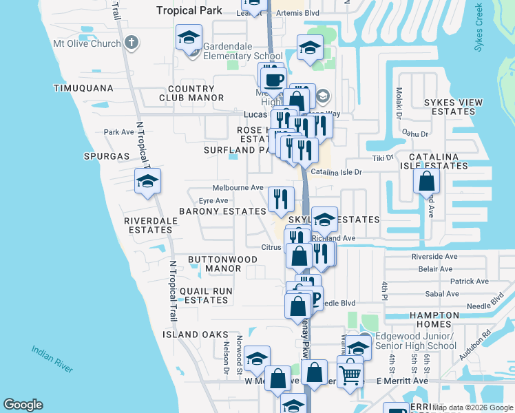 map of restaurants, bars, coffee shops, grocery stores, and more near 810 Manderine Street in Merritt Island