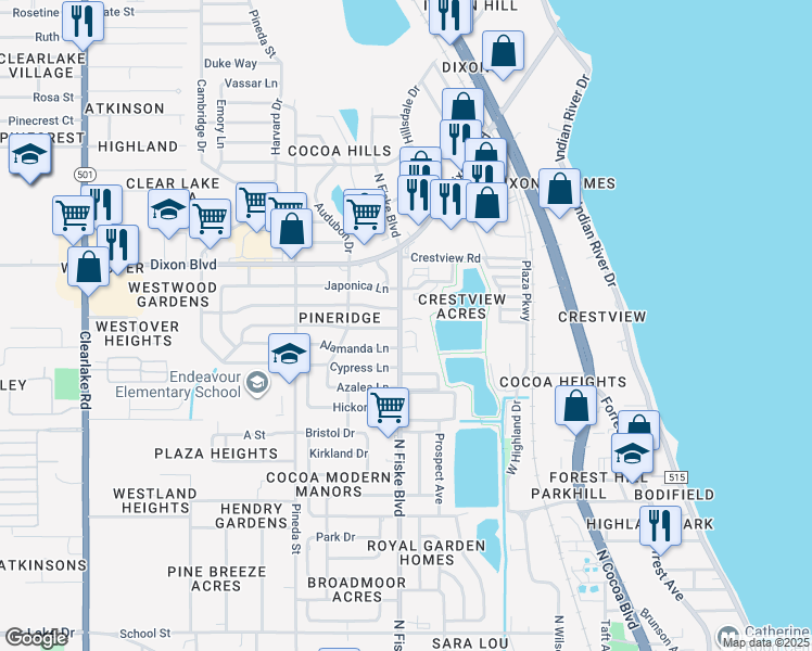 map of restaurants, bars, coffee shops, grocery stores, and more near 401 Alamanda Lane in Cocoa