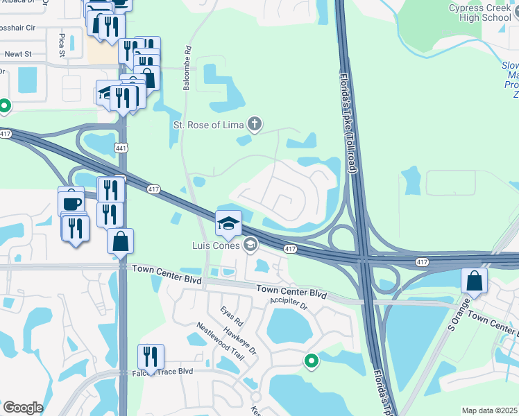 map of restaurants, bars, coffee shops, grocery stores, and more near 1278 Epson Oaks Way in Orlando