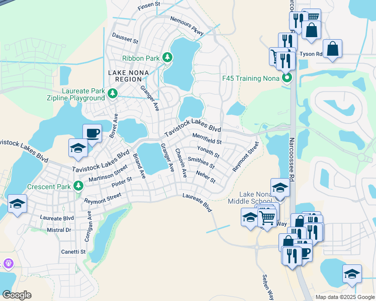 map of restaurants, bars, coffee shops, grocery stores, and more near 9028 Yonath Street in Orlando