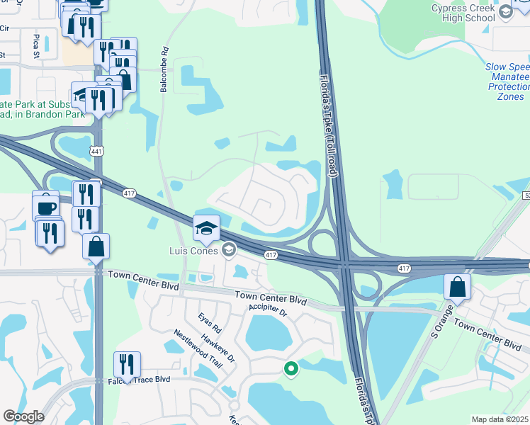 map of restaurants, bars, coffee shops, grocery stores, and more near 13005 Ruidosa Loop in Orlando