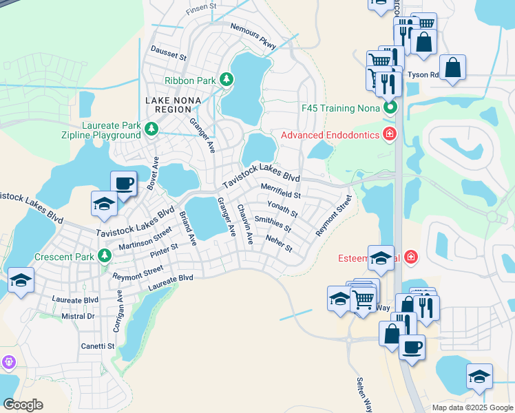 map of restaurants, bars, coffee shops, grocery stores, and more near 9028 Yonath Street in Orlando