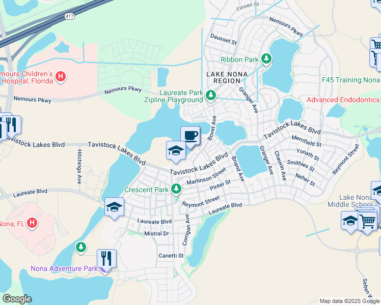 map of restaurants, bars, coffee shops, grocery stores, and more near 13631 Sachs Avenue in Orlando