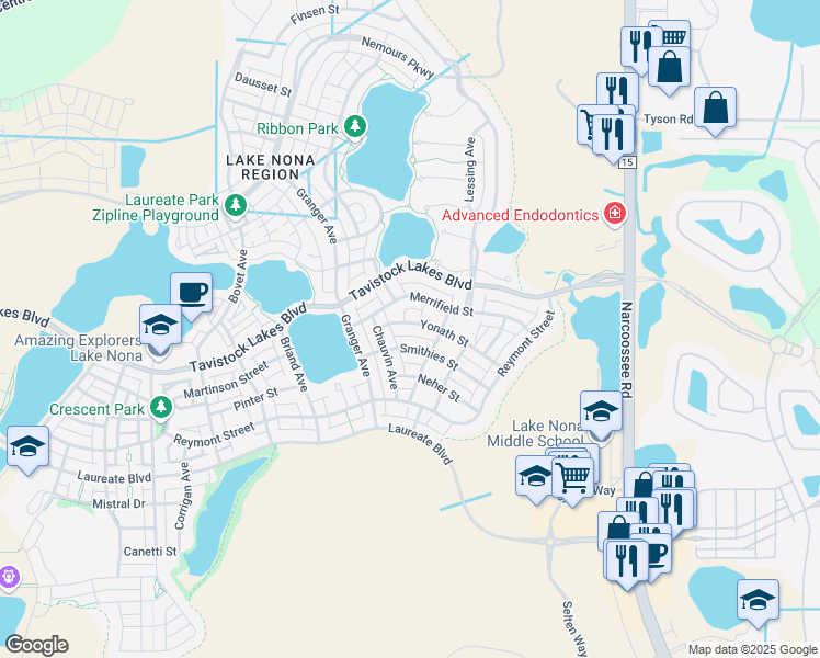 map of restaurants, bars, coffee shops, grocery stores, and more near 9070 Yonath Street in Orlando