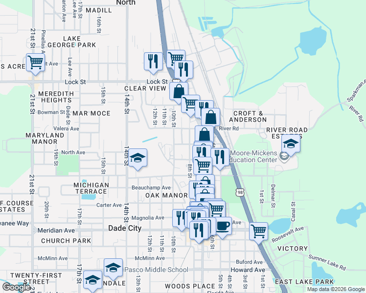 map of restaurants, bars, coffee shops, grocery stores, and more near 37746 Pond Avenue in Dade City