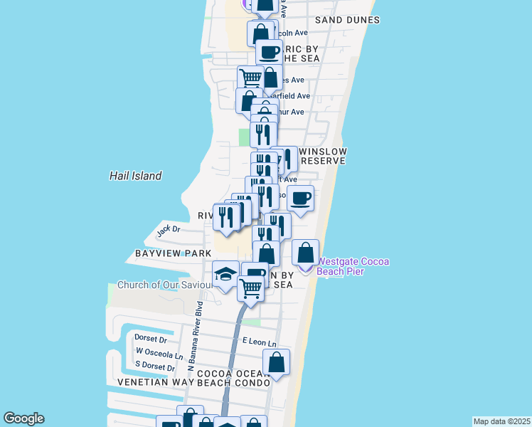 map of restaurants, bars, coffee shops, grocery stores, and more near 5840 North Atlantic Avenue in Cocoa Beach