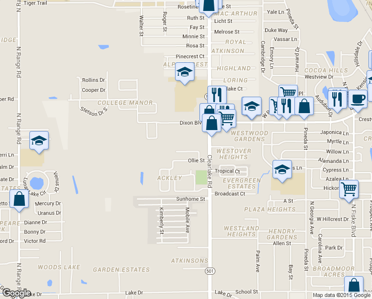 map of restaurants, bars, coffee shops, grocery stores, and more near 1680 Ackley Road in Cocoa