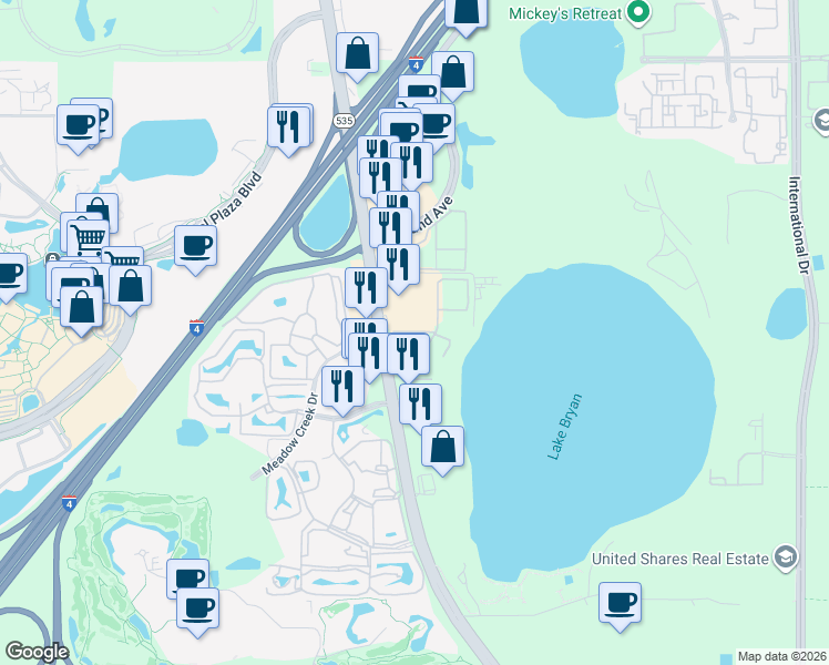 map of restaurants, bars, coffee shops, grocery stores, and more near 8628 Vista Lake Lane in Orlando