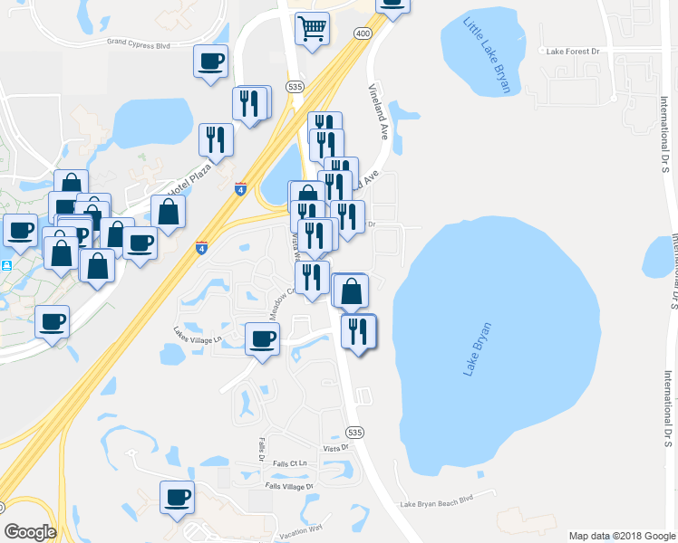 map of restaurants, bars, coffee shops, grocery stores, and more near 8698 Vista Lake Ln in Orlando