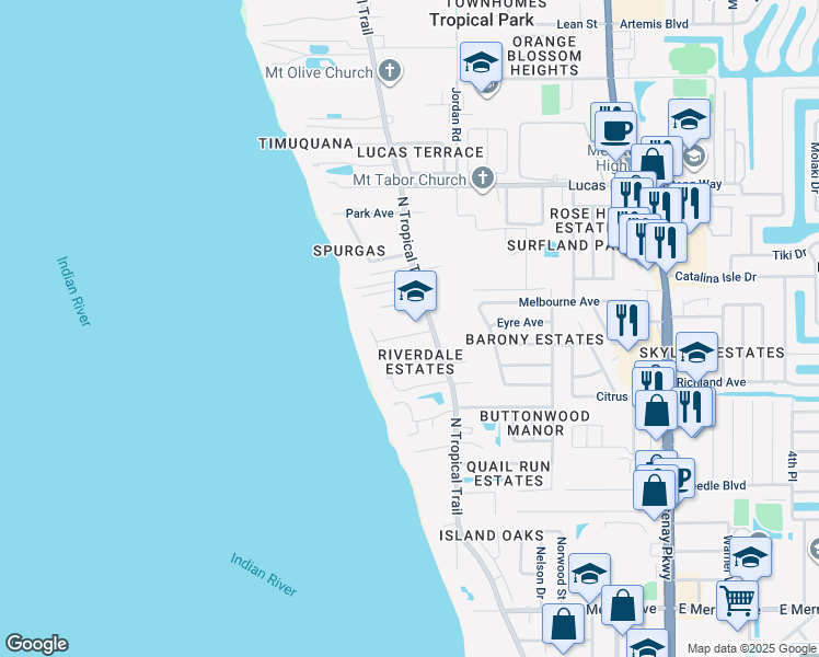 map of restaurants, bars, coffee shops, grocery stores, and more near 470 Robinhood Drive in Merritt Island