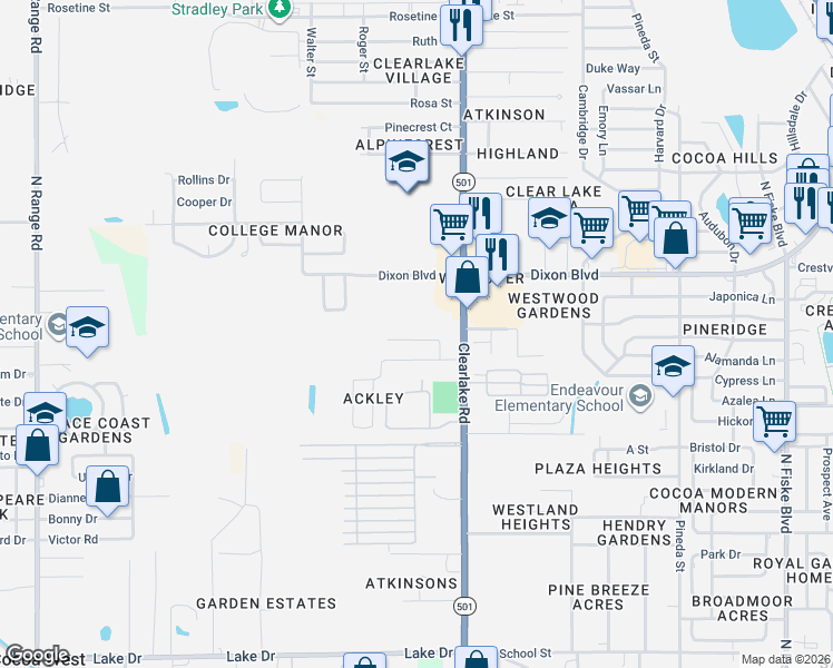 map of restaurants, bars, coffee shops, grocery stores, and more near 1680 Ackley Road in Cocoa