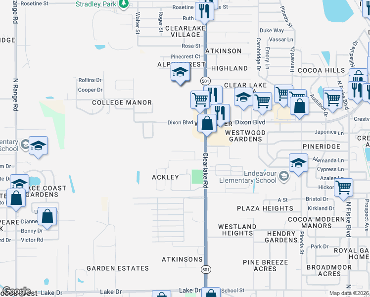map of restaurants, bars, coffee shops, grocery stores, and more near 1680 Ackley Road in Cocoa