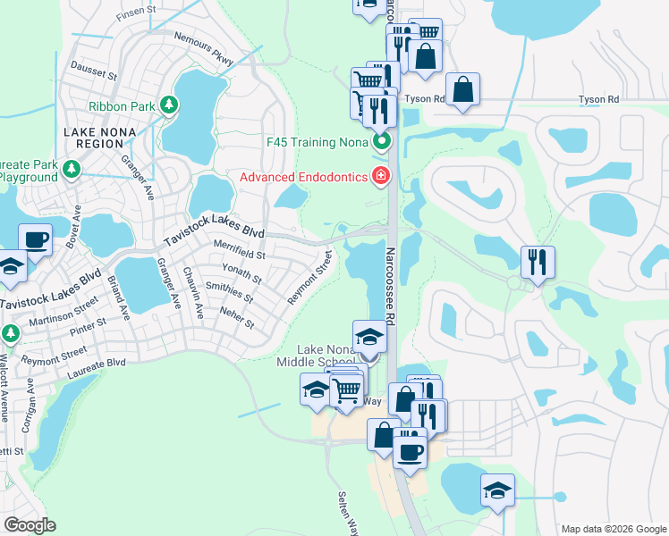 map of restaurants, bars, coffee shops, grocery stores, and more near 9646 Reymont Street in Orlando