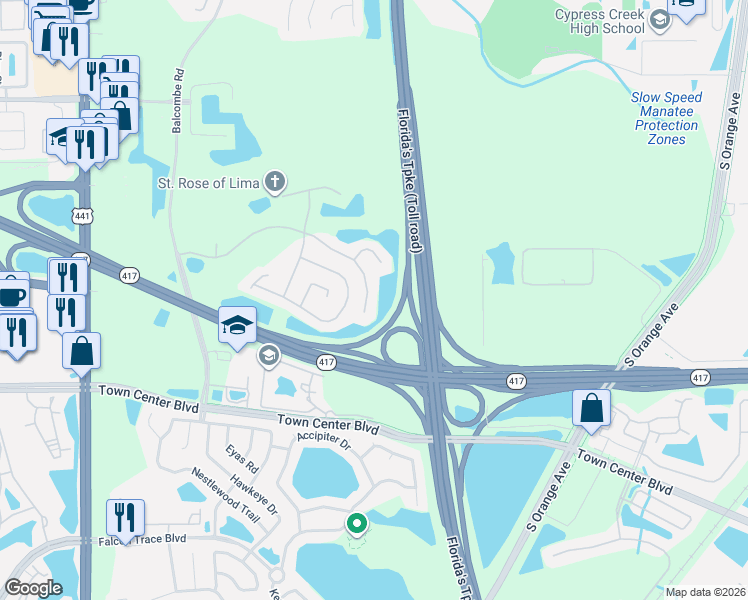 map of restaurants, bars, coffee shops, grocery stores, and more near 1121 Kempton Chase Parkway in Orlando