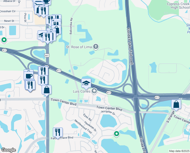 map of restaurants, bars, coffee shops, grocery stores, and more near 1278 Epson Oaks Way in Orlando