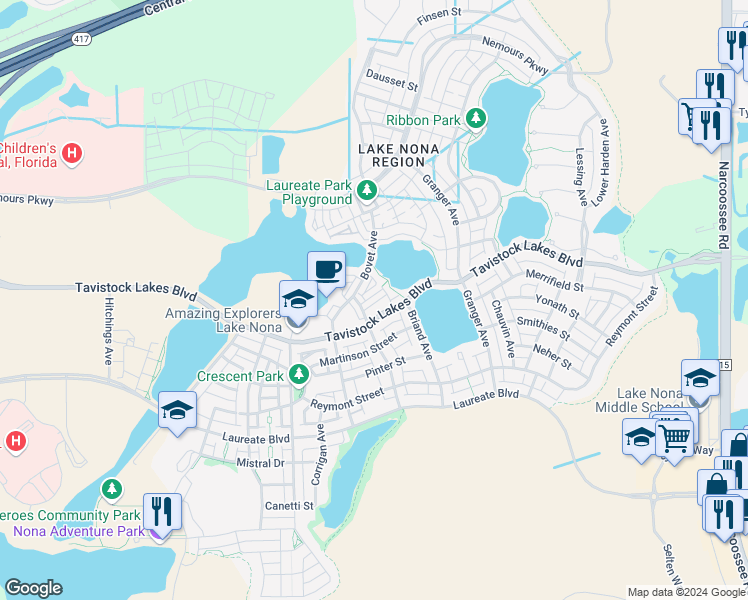 map of restaurants, bars, coffee shops, grocery stores, and more near 8442 Karrer Terrace in Orlando