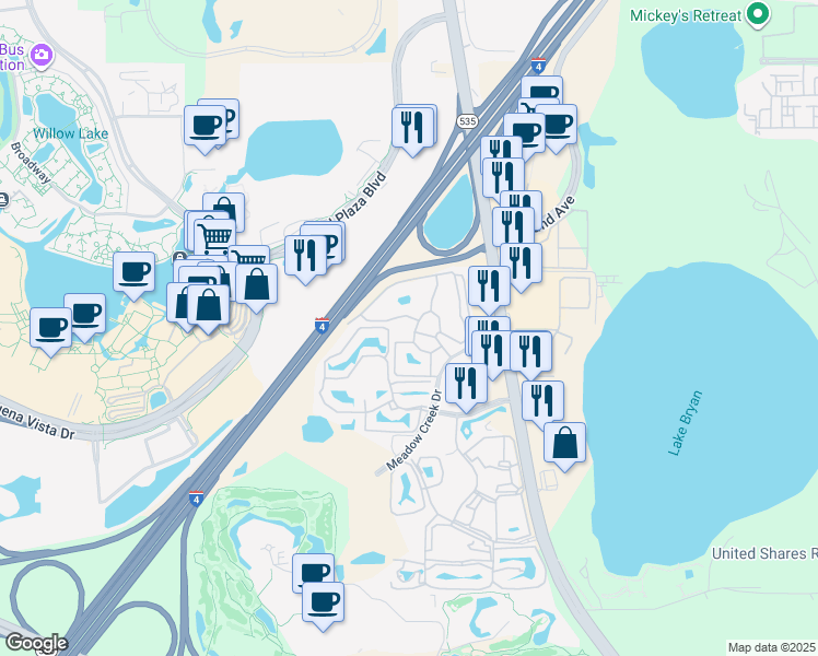map of restaurants, bars, coffee shops, grocery stores, and more near 13501 Vista Walk Drive in Orlando