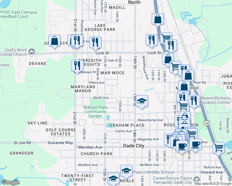map of restaurants, bars, coffee shops, grocery stores, and more near 14635 State Street in Dade City