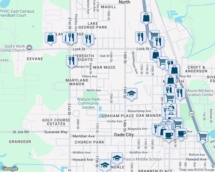 map of restaurants, bars, coffee shops, grocery stores, and more near 14635 State Street in Dade City