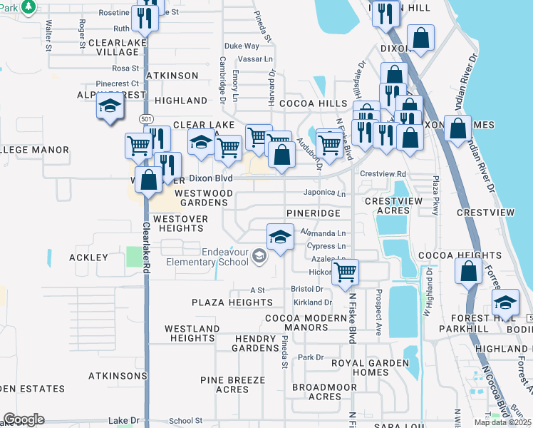 map of restaurants, bars, coffee shops, grocery stores, and more near 1208 Willow Lane in Cocoa