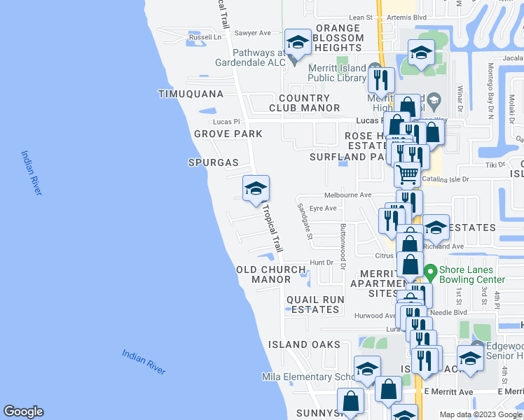 map of restaurants, bars, coffee shops, grocery stores, and more near 470 Robinhood Drive in Merritt Island
