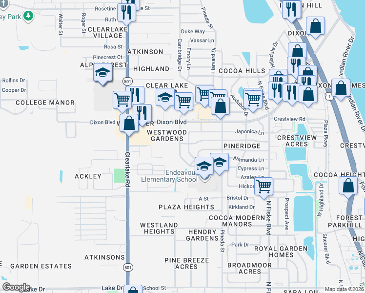 map of restaurants, bars, coffee shops, grocery stores, and more near 1006 Greenwood Way in Cocoa