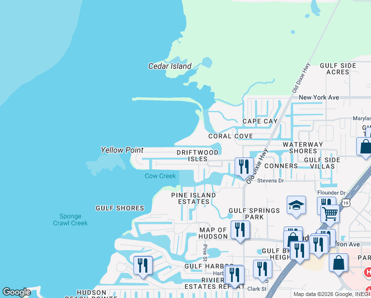 map of restaurants, bars, coffee shops, grocery stores, and more near 6641 Driftwood Drive in Hudson