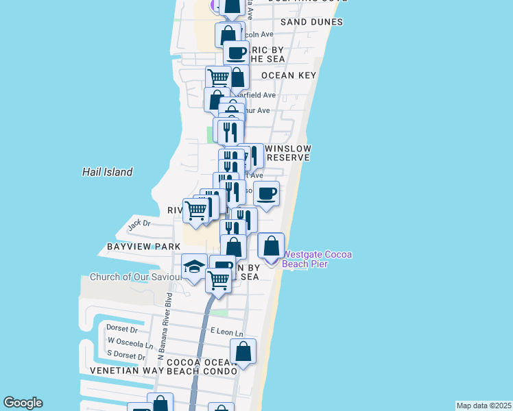 map of restaurants, bars, coffee shops, grocery stores, and more near 158 Harding Avenue in Cocoa Beach