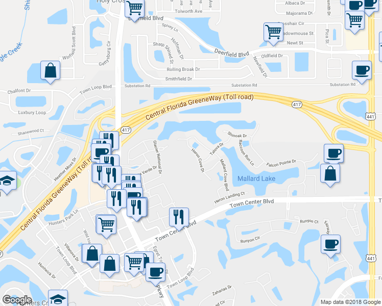 map of restaurants, bars, coffee shops, grocery stores, and more near 13330 Heron Cove Drive in Orlando