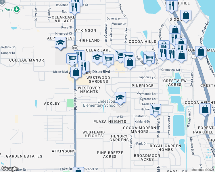 map of restaurants, bars, coffee shops, grocery stores, and more near 1006 Greenwood Way in Cocoa