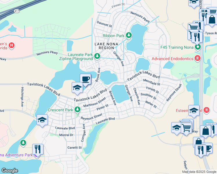 map of restaurants, bars, coffee shops, grocery stores, and more near 8753 Tavistock Lakes Boulevard in Orlando
