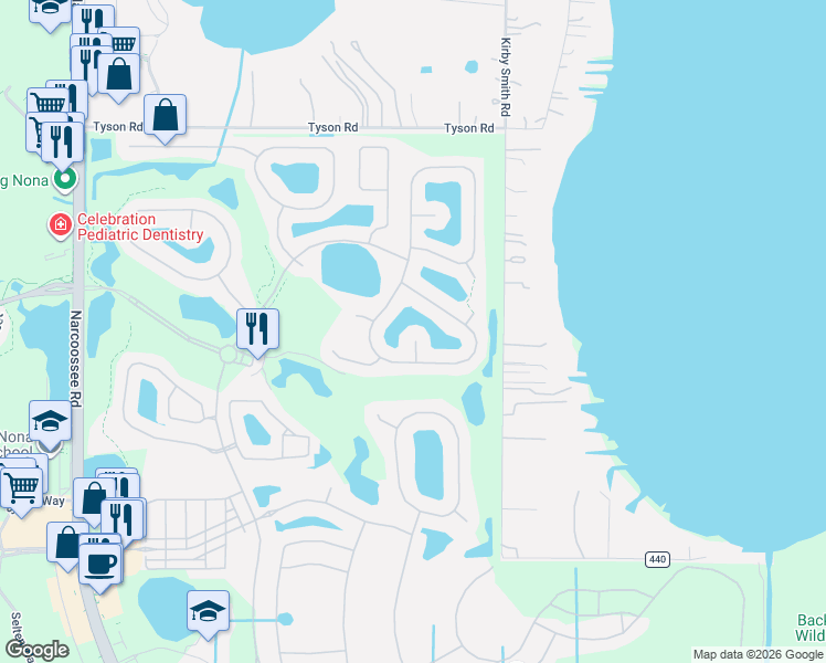 map of restaurants, bars, coffee shops, grocery stores, and more near 13519 Goostry Point in Orlando