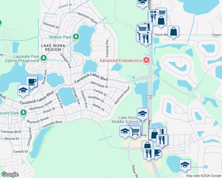 map of restaurants, bars, coffee shops, grocery stores, and more near 9319 Richet Place in Orlando