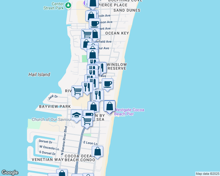 map of restaurants, bars, coffee shops, grocery stores, and more near 300 Barlow Avenue in Cocoa Beach