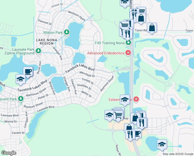 map of restaurants, bars, coffee shops, grocery stores, and more near 9319 Richet Place in Orlando