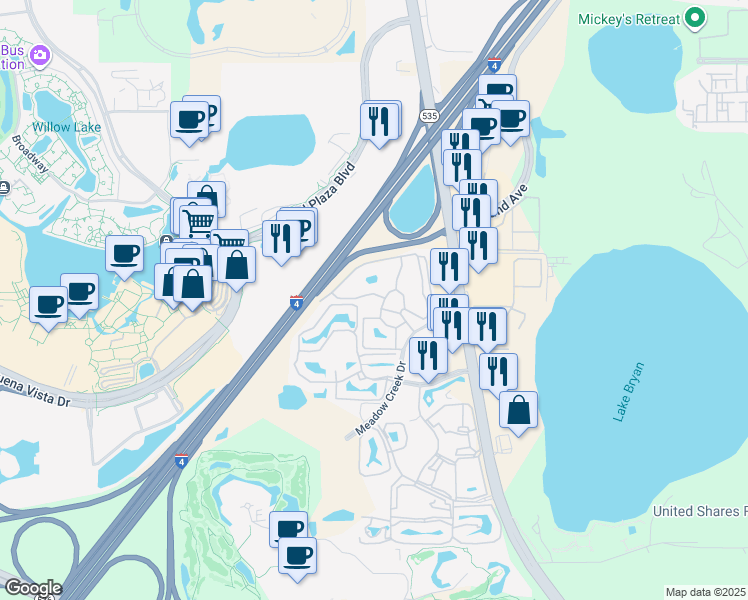 map of restaurants, bars, coffee shops, grocery stores, and more near 13501 Meadow Creek Drive in Orlando