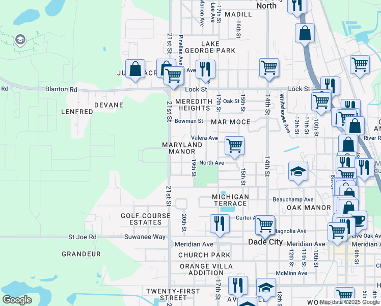 map of restaurants, bars, coffee shops, grocery stores, and more near 14621 18th Street in Dade City