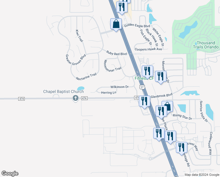 map of restaurants, bars, coffee shops, grocery stores, and more near 16036 Wilkinson Drive in Clermont