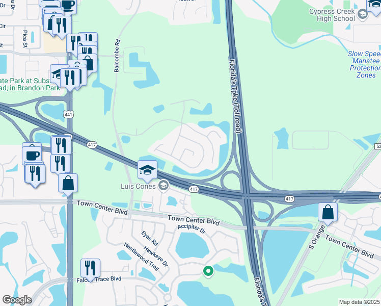 map of restaurants, bars, coffee shops, grocery stores, and more near 13005 Ruidosa Loop in Orlando