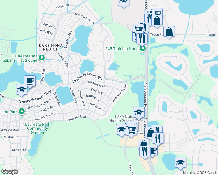 map of restaurants, bars, coffee shops, grocery stores, and more near 9319 Richet Place in Orlando