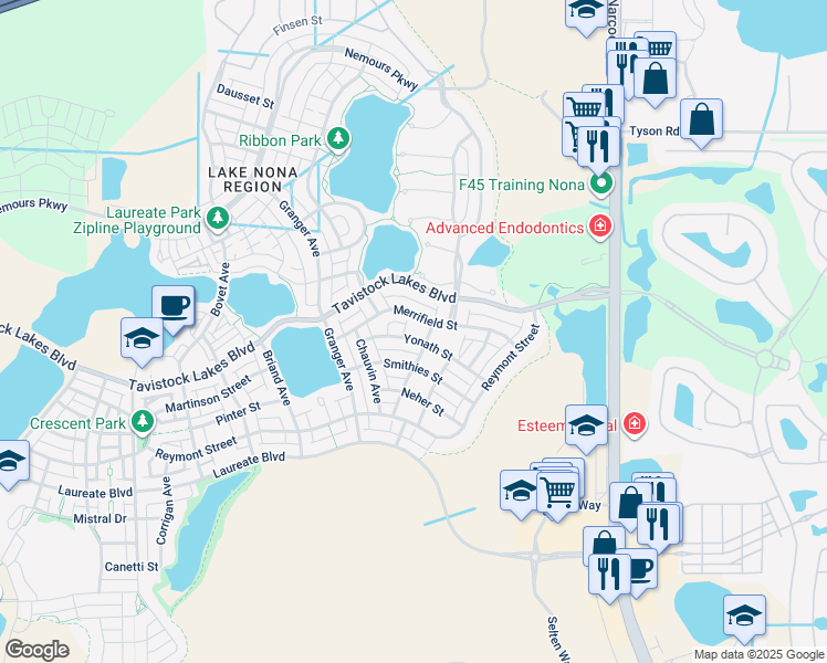map of restaurants, bars, coffee shops, grocery stores, and more near 9154 Yonath Street in Orlando