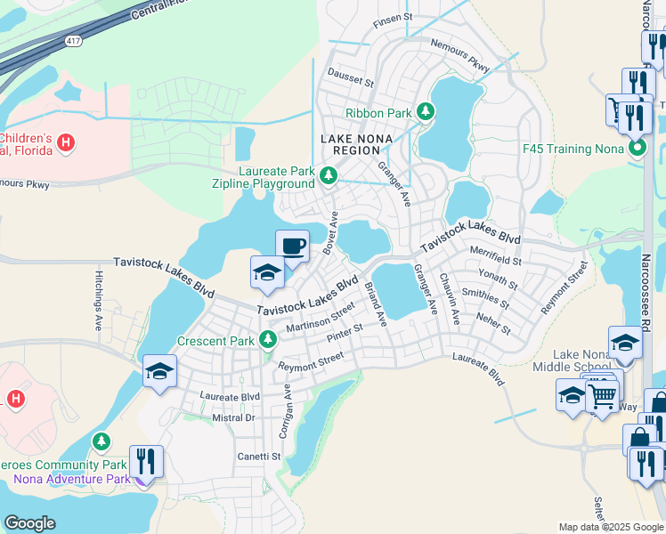 map of restaurants, bars, coffee shops, grocery stores, and more near 8442 Karrer Terrace in Orlando