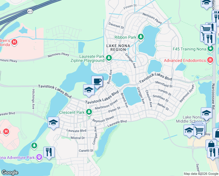 map of restaurants, bars, coffee shops, grocery stores, and more near 8442 Karrer Terrace in Orlando