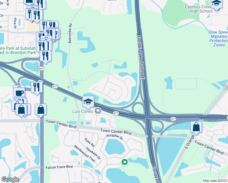 map of restaurants, bars, coffee shops, grocery stores, and more near 13005 Ruidosa Loop in Orlando