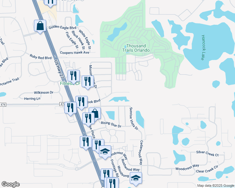 map of restaurants, bars, coffee shops, grocery stores, and more near 16736 Glenbrook Boulevard in Clermont