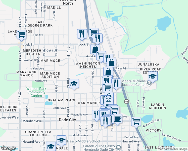 map of restaurants, bars, coffee shops, grocery stores, and more near 37746 Pond Avenue in Dade City