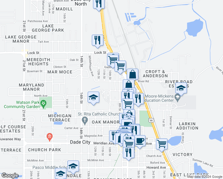 map of restaurants, bars, coffee shops, grocery stores, and more near 14644 10th Street in Dade City
